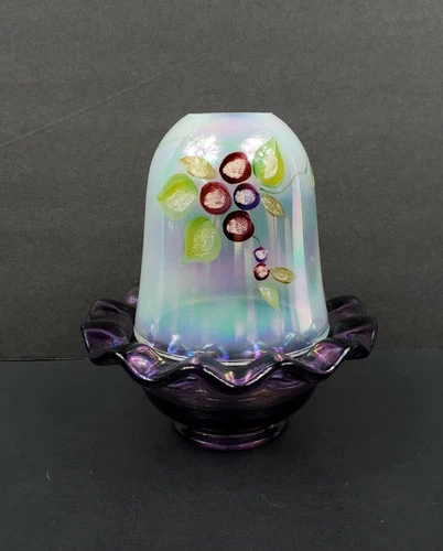 Fenton Iridized Opalescent Frostberries Fairy Lamp Purple Base Handpainted EUC