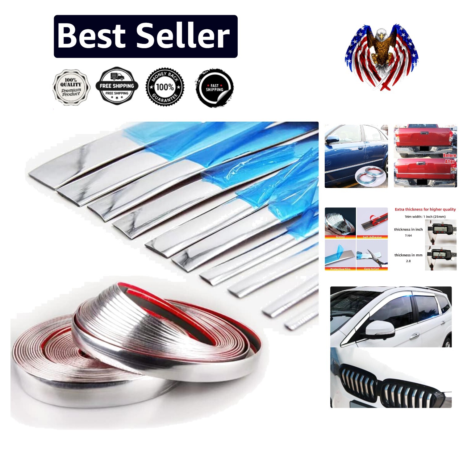 16Ft Self-Adhesive Silver Decorative Trim for Auto Exterior & Interior Design