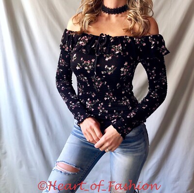 black long sleeve off the shoulder crop top