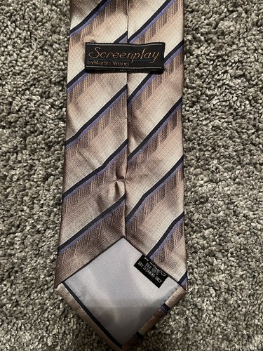Men’s Neck Tie 60” Screenplay by Martin Wong Made in USA Tan Black Blue Stripes - Picture 6 of 7