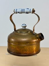 Vtg Copper Tea Pot Kettle with Blue And White Porcelain Handle with Lid