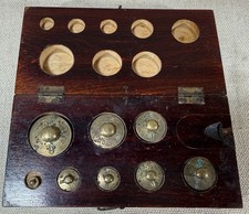 Vintage Brass Apothecary Scale Weight Set & Wood Case! 8 weights, range 1 to 50