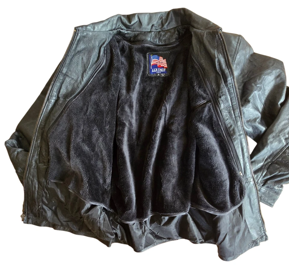 Vintage USA Leather Black Bomber Jacket Medium - Image 4 of 4