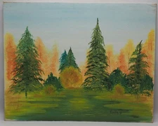 Original Acrylic Painting Autumn Evergreen Tree Landscape Signed H. Lawton