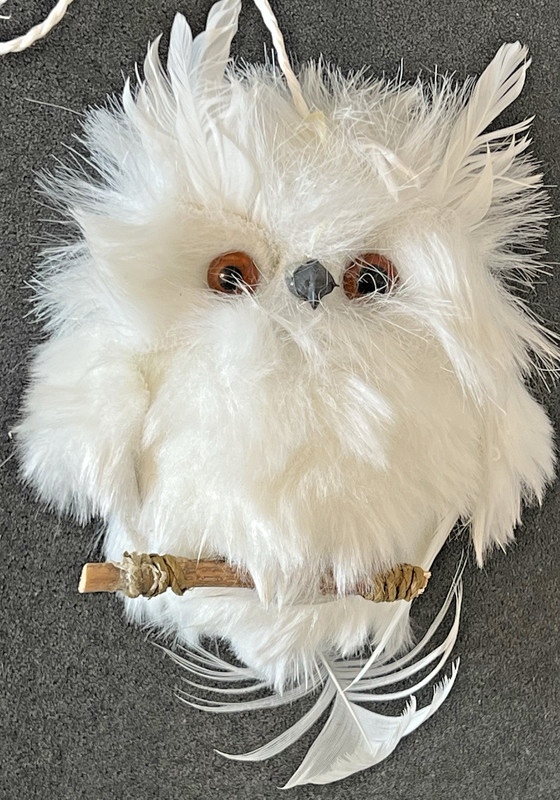 Fuzzy Fur and Feathers on Foam White Owl Ornament Beaded Eyes 6"