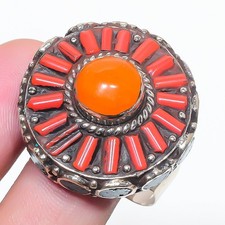 Yellow Coral Turquoise Gemstone Ring Tibetan Handmade Nepali Jewelry 11" NR 3334