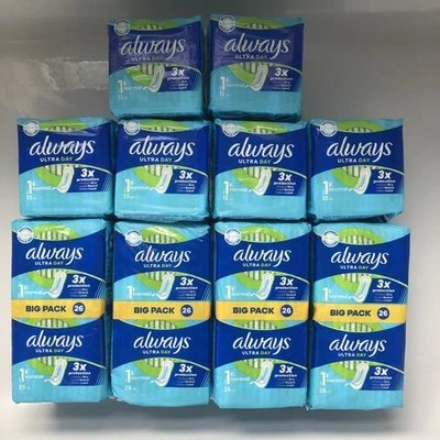 14 Packungen Always Ultra Größe 1 Normal 13 Damenbinden/Handtücher InstantDry 182 Gesamt