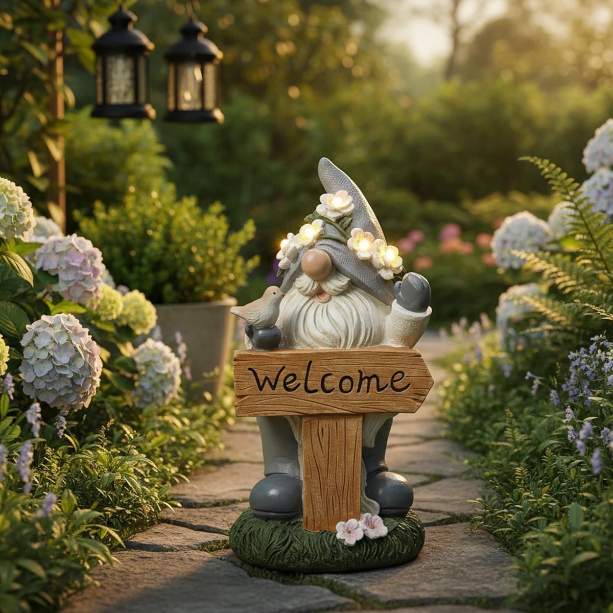 Welcome Gnome Statue with Card & Bird - Garden Gnome Figurine for