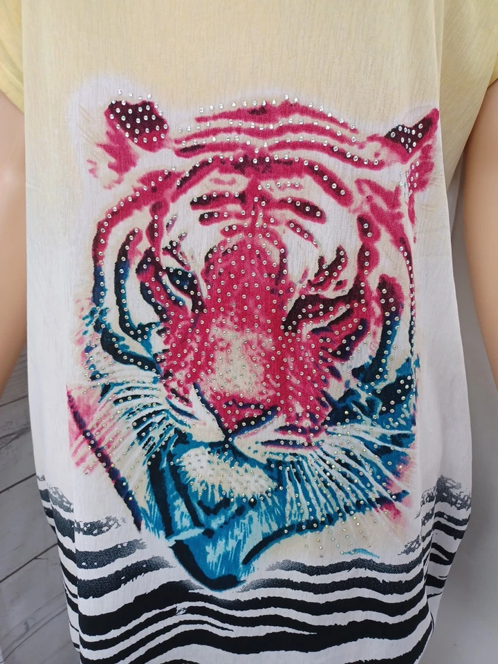 Camisa túnica verano sol top talla L/XL cabeza de tigre rayas estampado animal estrás Foto 2 de 4