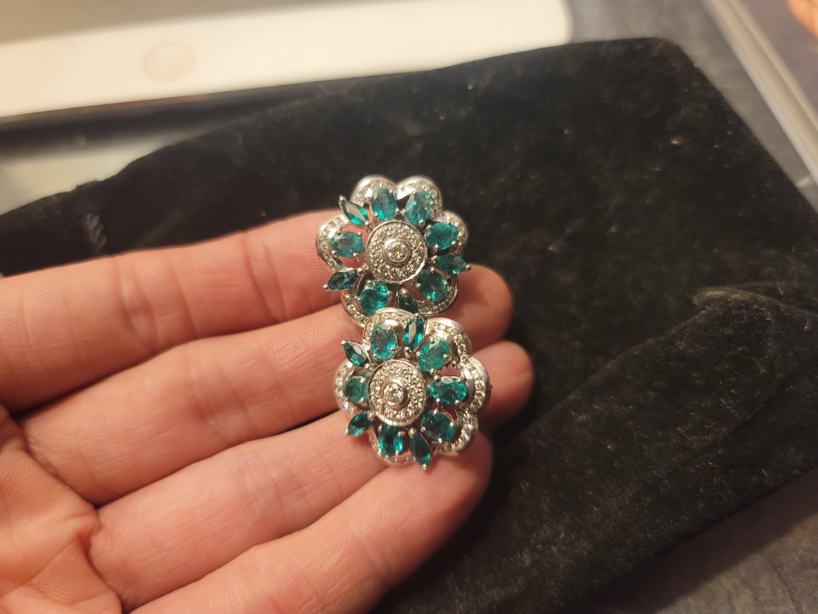 Unique, Handmade floral Emerals and Diamond earrings. image 3