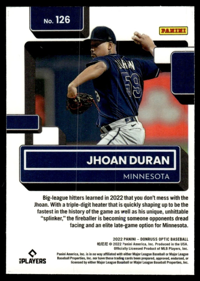 2022 Donruss Optic RATED ROOKIE Jhoan Duran Rookie Minnesota Twins #126 - Image 2 of 2