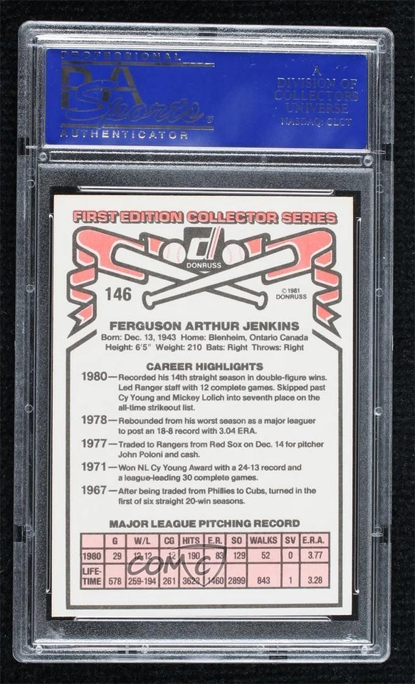 1981 Donruss Fergie Jenkins #146 PSA 9 MINT HOF - Image 2 of 2