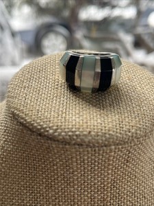 vintage Thai Dome Inlay Onyx Blue Turquoise Silver Artisan Ring Size 7 Signed