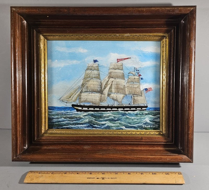THREE MASTED "FULL SAIL" TALL SHIP REVERSE PAINTING BY SINY EDWARD SCOTT, FRAMED