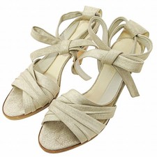 HERMES Suede Ribbon Sandals Heel 36.5 23.5cm Gold 0728 IBO78 Ladies