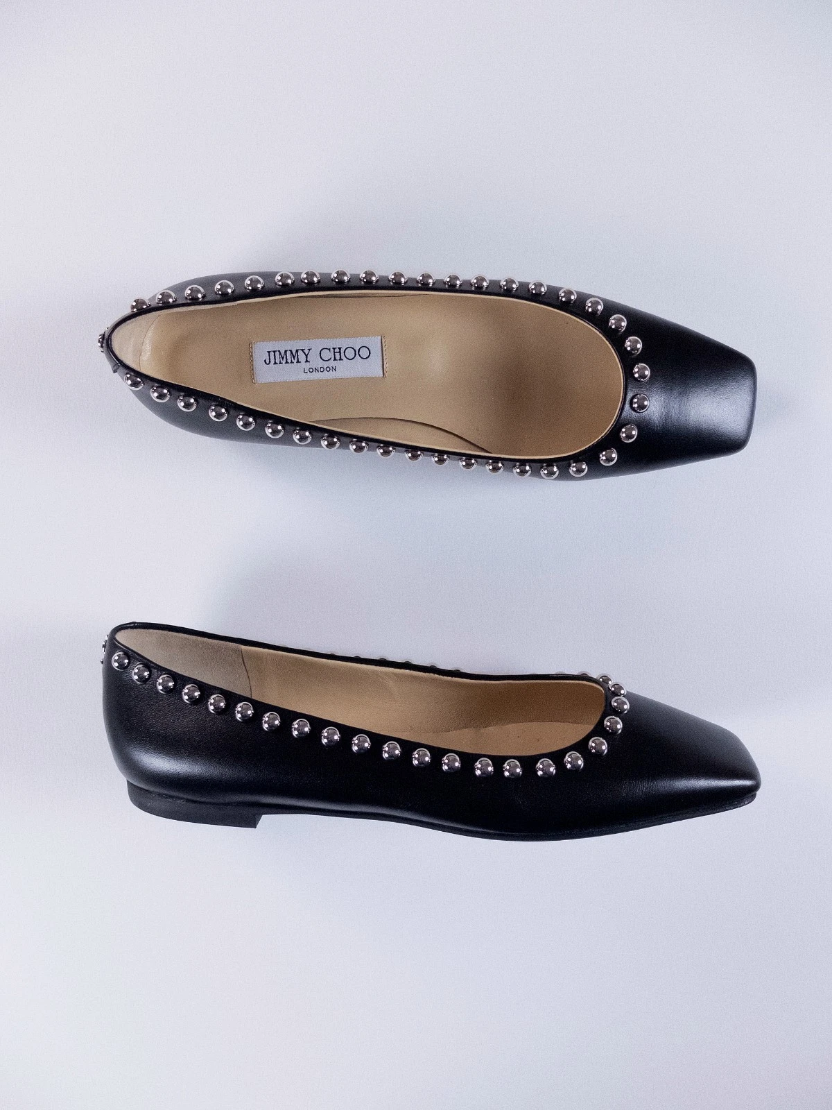 (NO CUSTOMS TAX) JIMMY CHOO Mirele black leather ballet flats w faux pearls 38.5