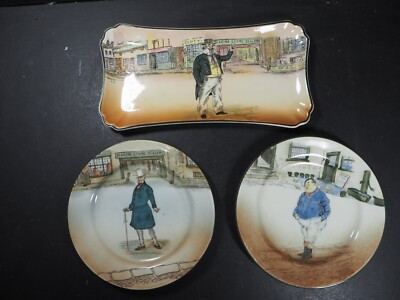 Royal Doulton Dickens Sandwich Tablett & 2 Teller Captain Cuttle Fat Boy & Micawber