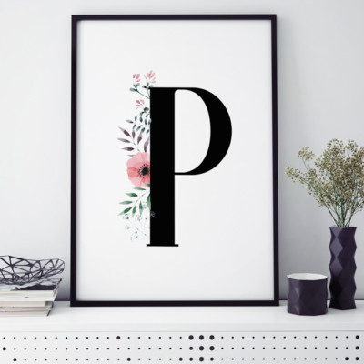 JUNIWORDS Poster mit Rahmen ''Buchstabe Florales P'' Geburtstag Namen DIN A4 A3 A2