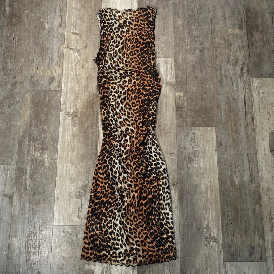 Ganni Leopard Print Mesh Midi Dress Women's Size 36 US Small Multicolor