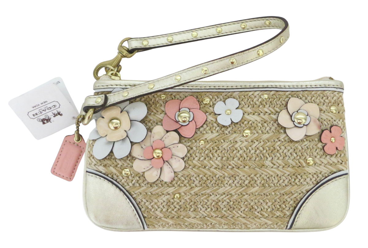 New NWT Coach Straw XL Wristlet Clutch Purse Ivory Pink  display picture 3