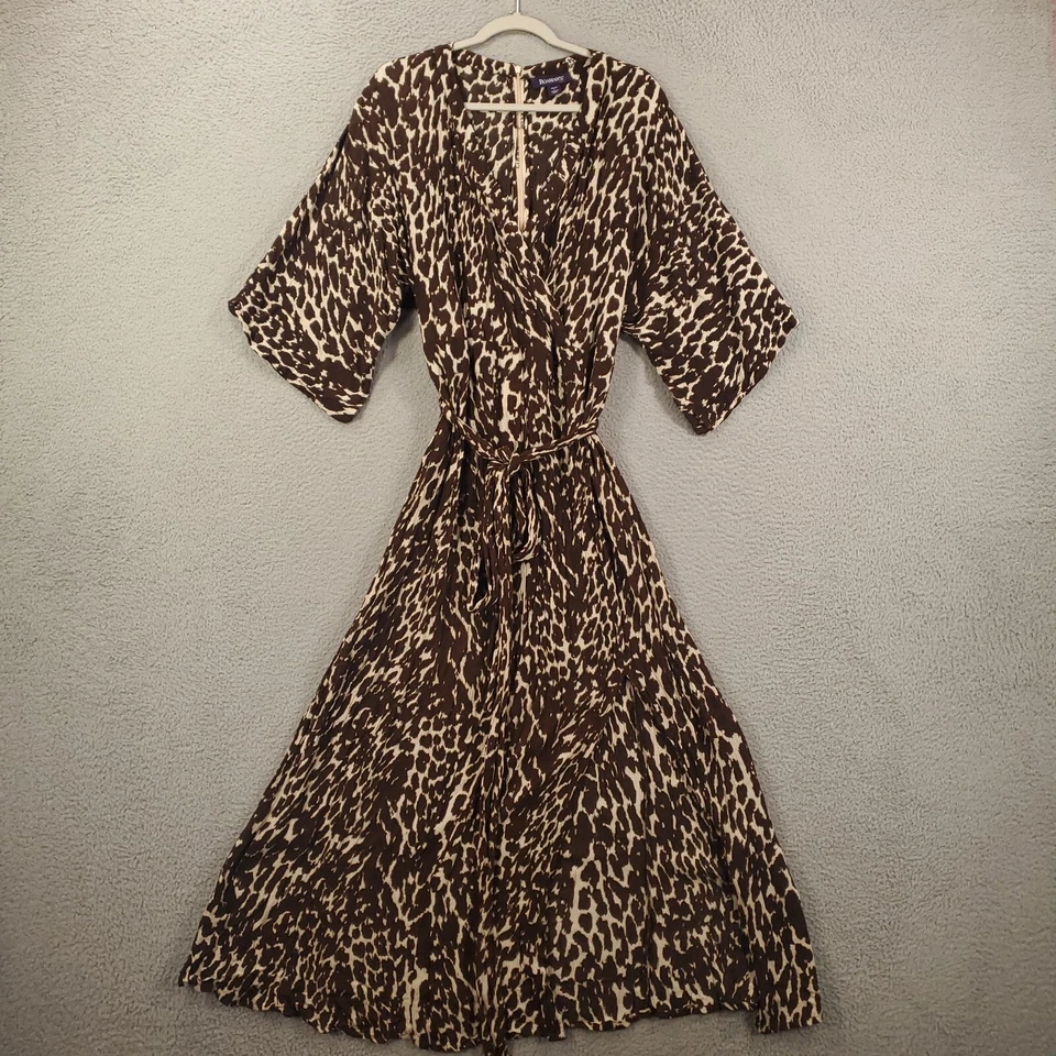 Womens Animal Print Maxi Dress Size Large 18 20 V Neck Back Zip Belted Faux Wrap - Image 2 of 4
