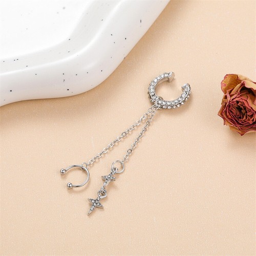 Silver Color Crystal Tassel Non-Piercing Cuff Ear Clip Rhinestone Star Earring - Bild 2 von 7