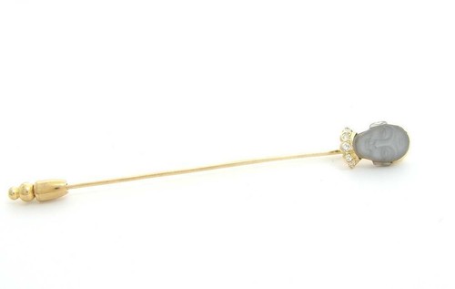 DIAMOND CARVED MOONSTONE FACE STICK PIN 18K - Picture 2 of 3