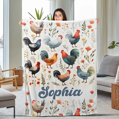 Personalized Chicken Blanket,Chicken & Flower Blanket,Custom Name Soft Cozy Sher