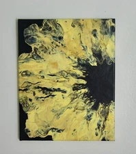 Abstract Acrylic Pour Painting in Yellow, Black,  Gold & White On 11 X 14 Canvas