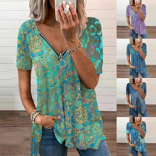Damen Sommer Blumen V-Ausschnitt Reißverschluss T-Shirt lose Tops T-Shirts Kurzarm Plus Bluse - Bild 2 von 14