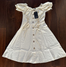 Women's punk dress ivory apricot off shoulder Short Sleeve front button relaxed