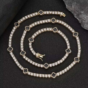Authentic Lab Created Diamond 14K Yellow Gold Plated Four Leaf Clover Tennis Necklace 18"