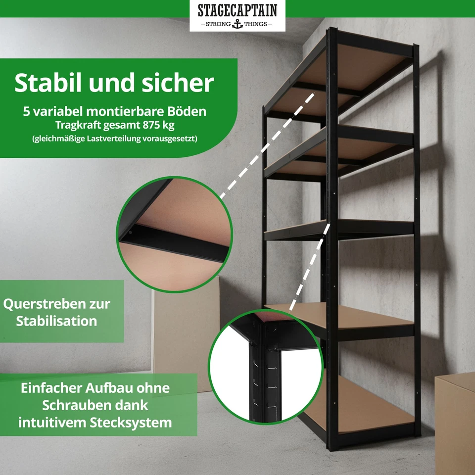 4x Scaffale Scaffalatura in Metallo Nero 5 Mensole Ripani Legno Max 875 Kg - Immagine 3 di 4