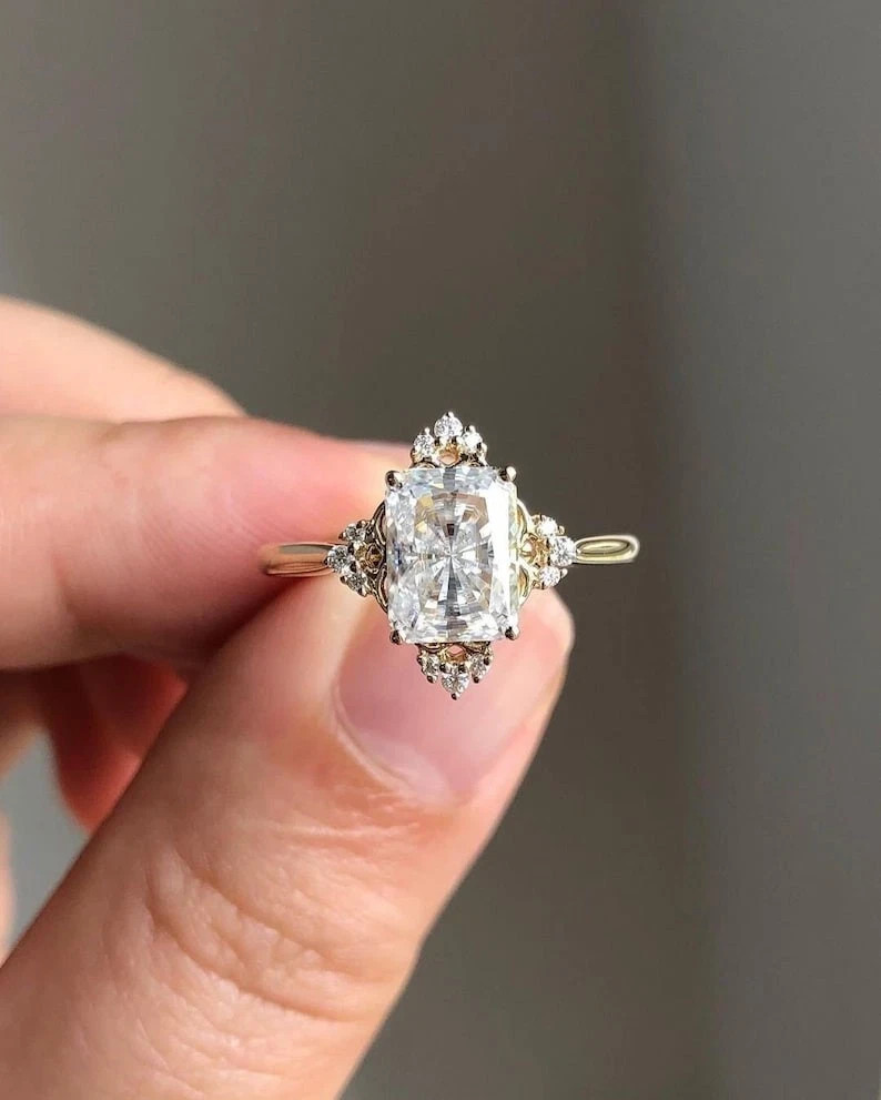2 CT Radiant Cut Cluster Moissanite Women Engagement Ring 14k Yellow Gold Plated