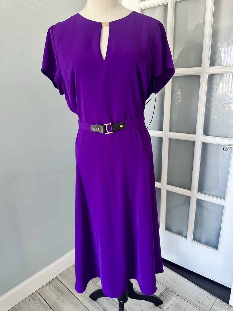 Lauren Ralph Lauren Purple Midi A-Line Dress Size 12 Chiffon Belted Keyhole  Neck