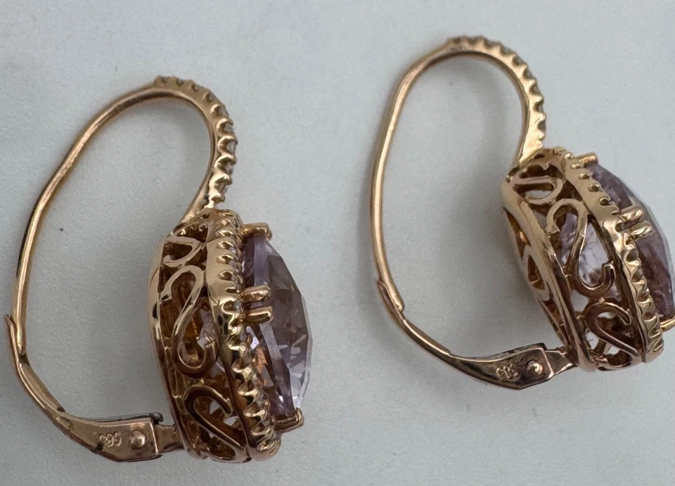 14K ROSE GOLD DIAMOND & MORGANITE MICROPAVE HALO CUSHION CUT DROP EARRINGS - Image 4 of 4