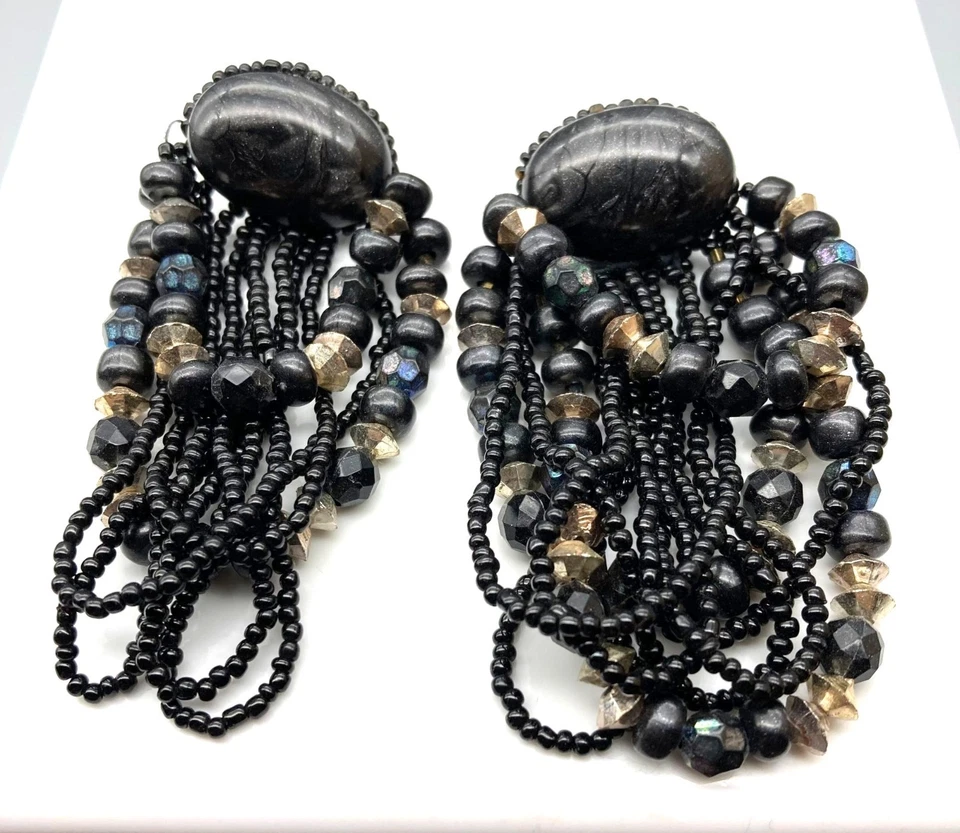 Dangling Grey and Black Sparkle Earrings, Unique Vintage Long Shoulder Dusters - Image 2 of 4