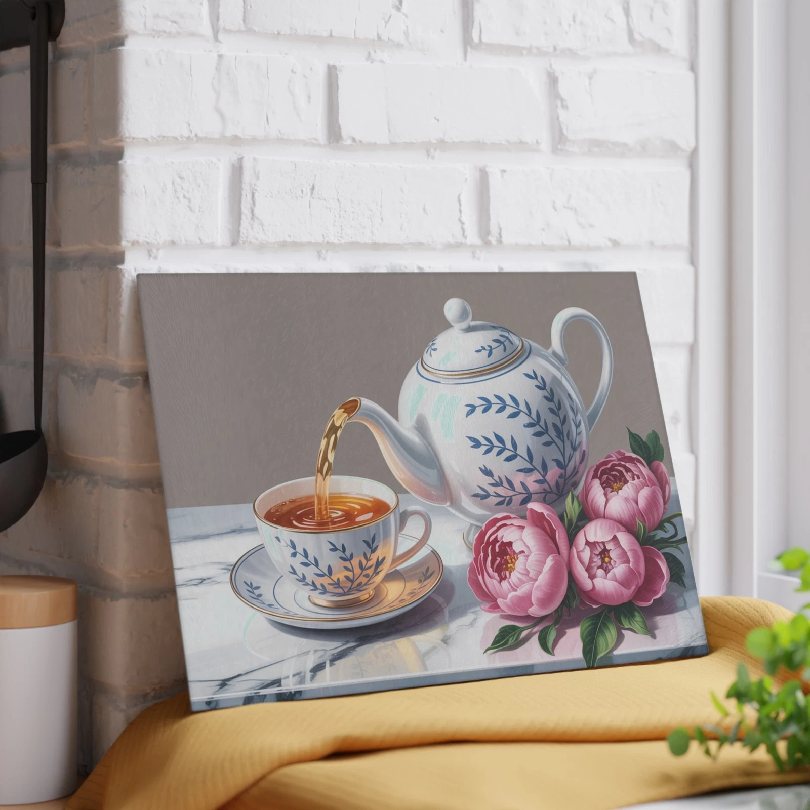 Tea Pouring Teapot Glass Cutting Board | Floral Peonies Kitchen Decor