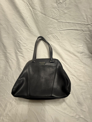 GUESS Est 1981 Black Faux Leather Satchel Tote Shoulder Bag Zip Top Gold Logo