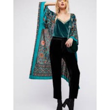 Free People Magic Dance Border Print Duster Kimono Maxi Green Blue boho hippie