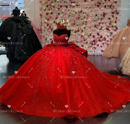 Sparkling Quinceanera Dresses with Bow Red Sweet 16 XV Floral Party Ball Gowns