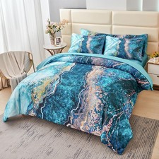 6 Pcs Teal Marble Comforter Set Queen Watercolor Marble Printed Quilt Set Lux...