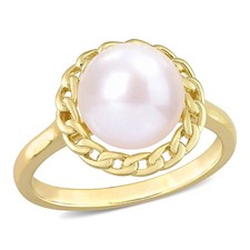 AMOUR 9-9.5mm Cultured Freshwater Pearl Halo Link Ring In Yellow Plated Sterling