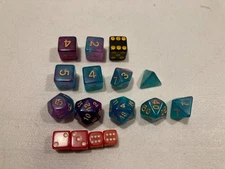 D&D RPG 16 Piece Dice Set Swirl Purple and Blue With Dice Bag! 323