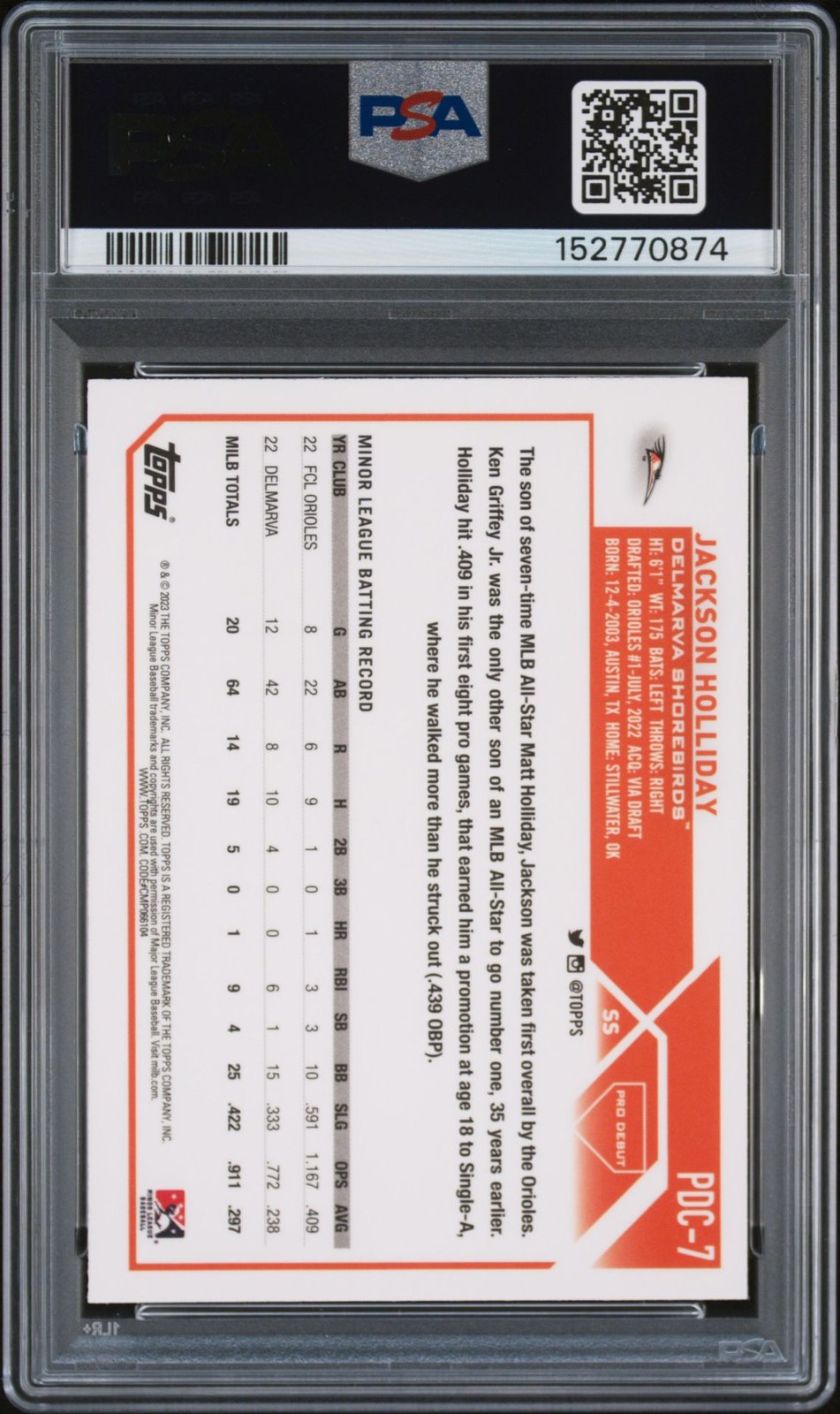 2023 TOPPS PRO DEBUT PDC7 JACKSON HOLLIDAY CHROME PSA 10 GEM MT RC view 2