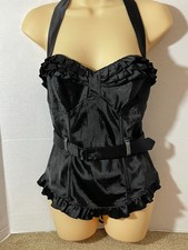 Vtg Fredericks of Hollywood SATIN CORSET 34/S Black Rhinestones Belt Y2K Vampy