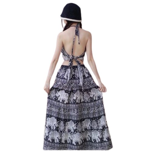 Abito donna tailandese elefante patten gonna bohemien e top senza schiena set stampa 2 P - Foto 6 di 6