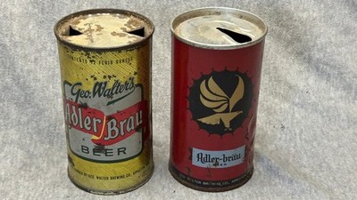 2 Different EMPTY Steel Adler Brau Flat Top  Beer Cans,  Appleton Wi, Pre 1973