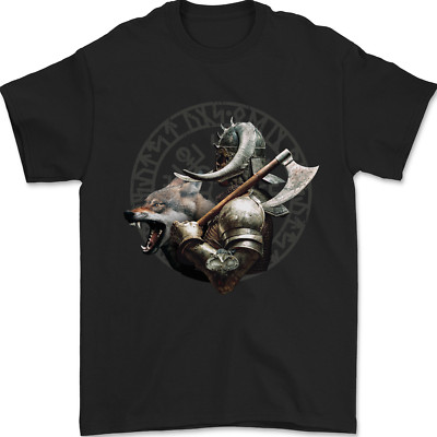 Wikinger Wolf und Axt mit Vegvisir Wikinger Symbole Herren T-Shirt 100% Baumwolle