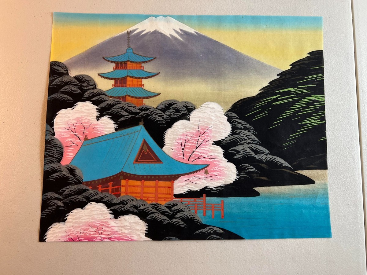 Japanese Painted Silk Screen Print Mt. Fuji Water w/ House
